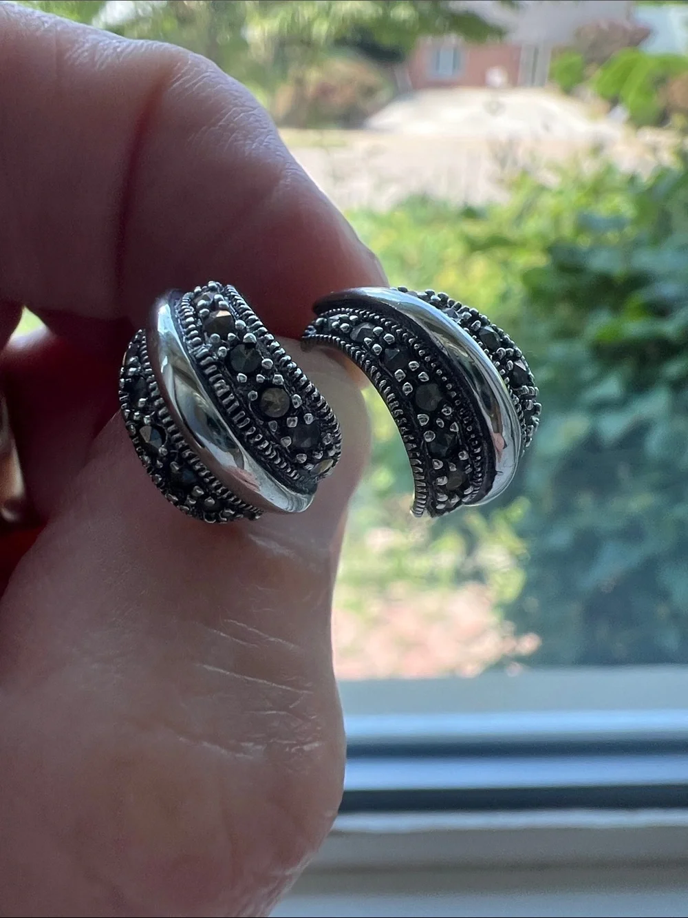liberty Silver and Black Marcasite Dome Hoop Earrings